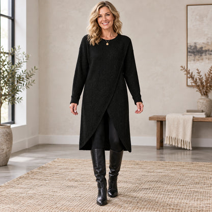 sweater dress — Complete full front view; Black lina garment worn by a happy adult model — view 3