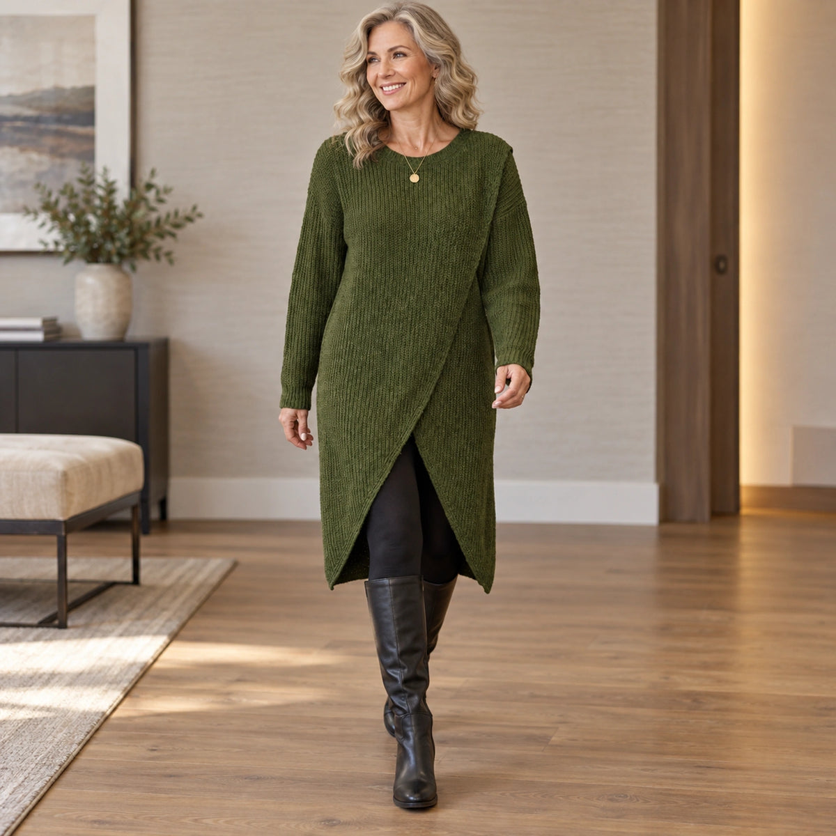 sweater dress — Usa and Canada October–December front angle; Green lina garment worn by a happy adult model — view 5