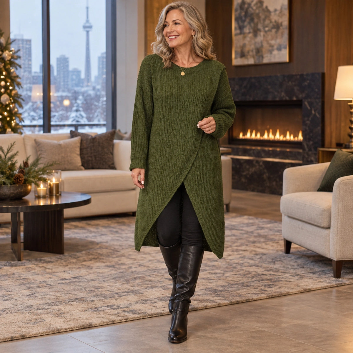 sweater dress — Usa and Canada October–December; Green lina garment worn by a happy adult model — view 7