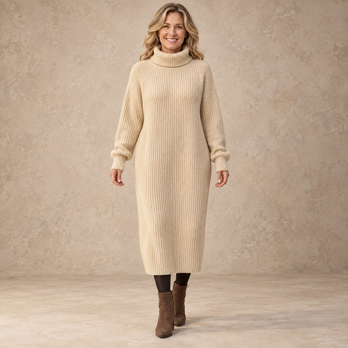 sweater dress — Image; complete full front view; Beige liora garment worn by a happy adult model