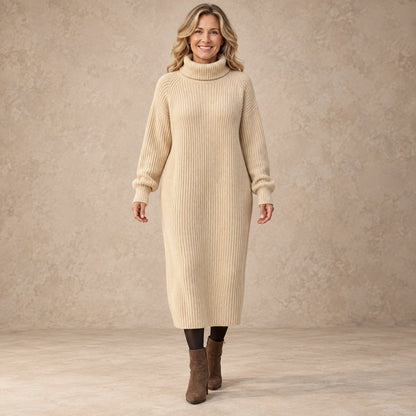 sweater dress — Image; complete full front view; Beige liora garment worn by a happy adult model