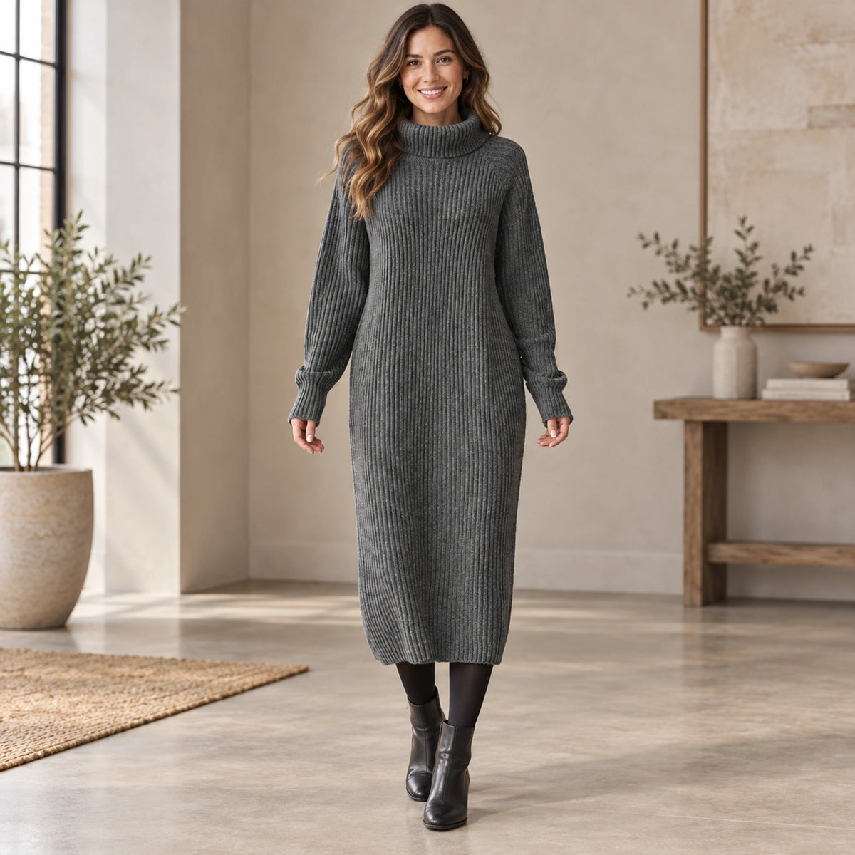 sweater dress — Complete full front view; Gray liora garment worn by a happy adult model — view 4