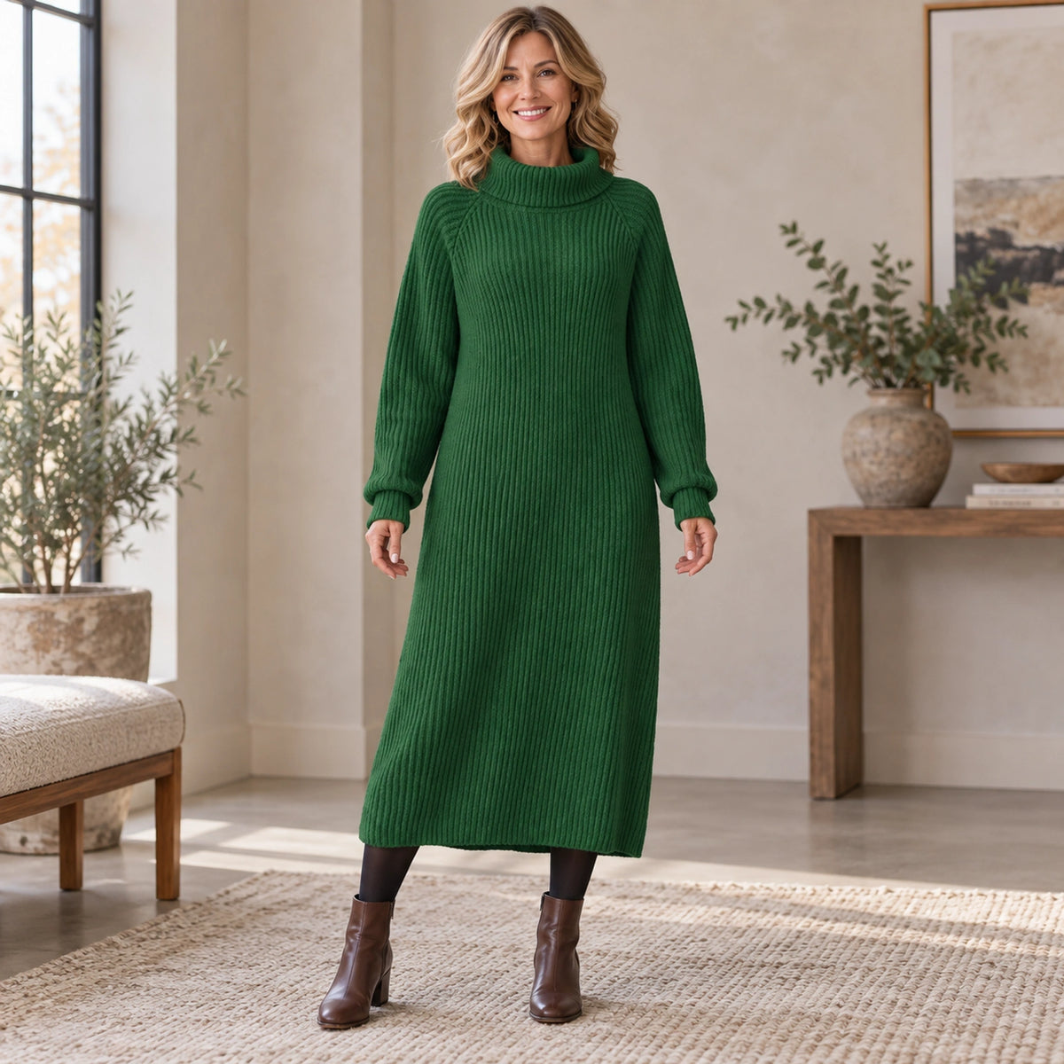 sweater dress — Complete full front view; Green liora garment worn by a happy adult model — view 5
