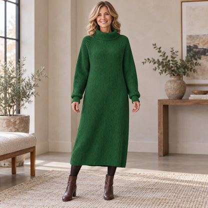 sweater dress — Complete full front view; Green liora garment worn by a happy adult model — view 5