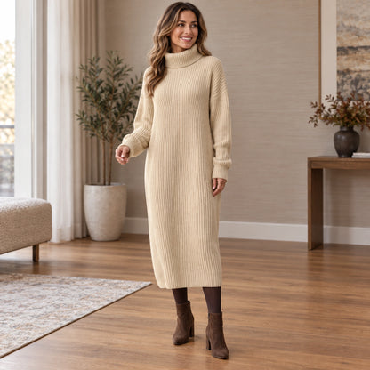 sweater dress — Usa and Canada October–December front angle; Beige liora garment worn by a happy adult model — view 6