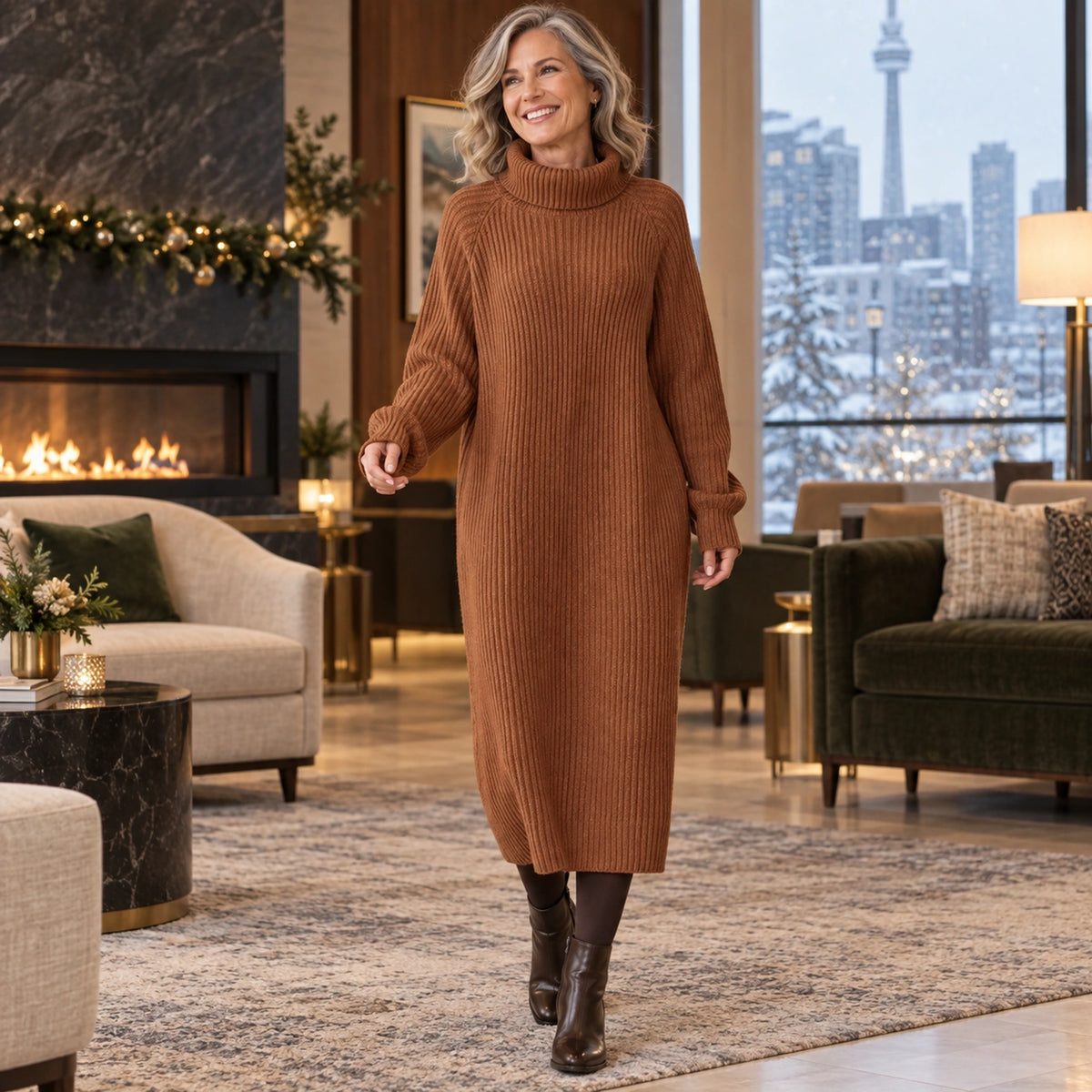 sweater dress — Usa and Canada October–December; Brown liora garment worn by a happy adult model — view 8