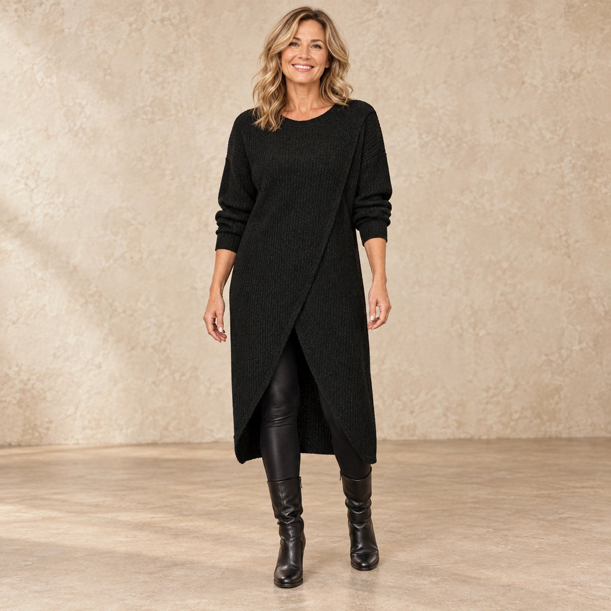 sweater dress — Image; complete full front view; Black maribelle garment worn by a happy adult model