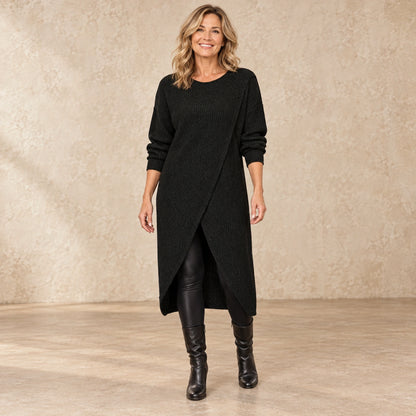 sweater dress — Image; complete full front view; Black maribelle garment worn by a happy adult model
