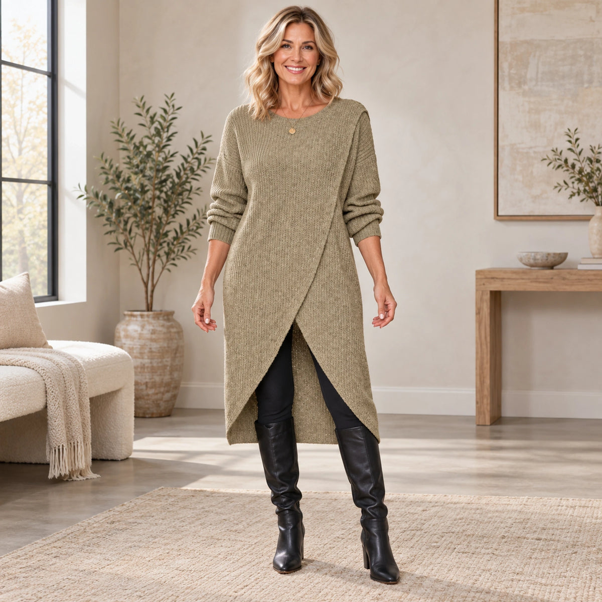 sweater dress — Complete full front view; Khaki maribelle garment worn by a happy adult model — view 3