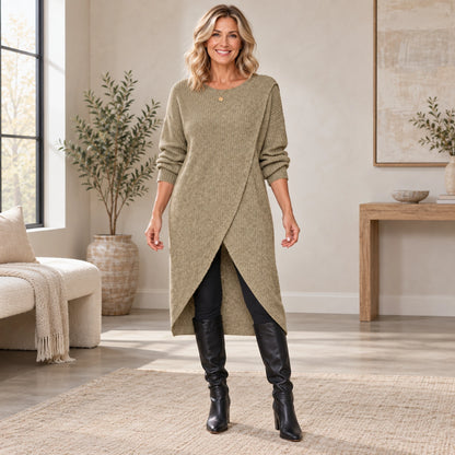 sweater dress — Complete full front view; Khaki maribelle garment worn by a happy adult model — view 3