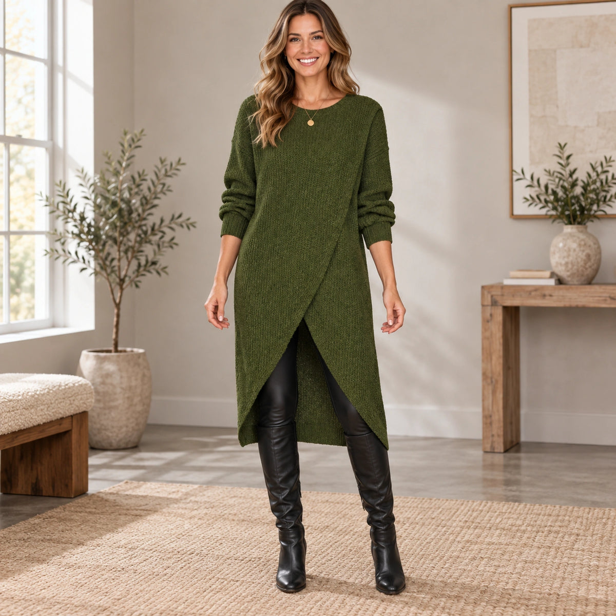 sweater dress — Complete full front view; Army Green maribelle garment worn by a happy adult model — view 4