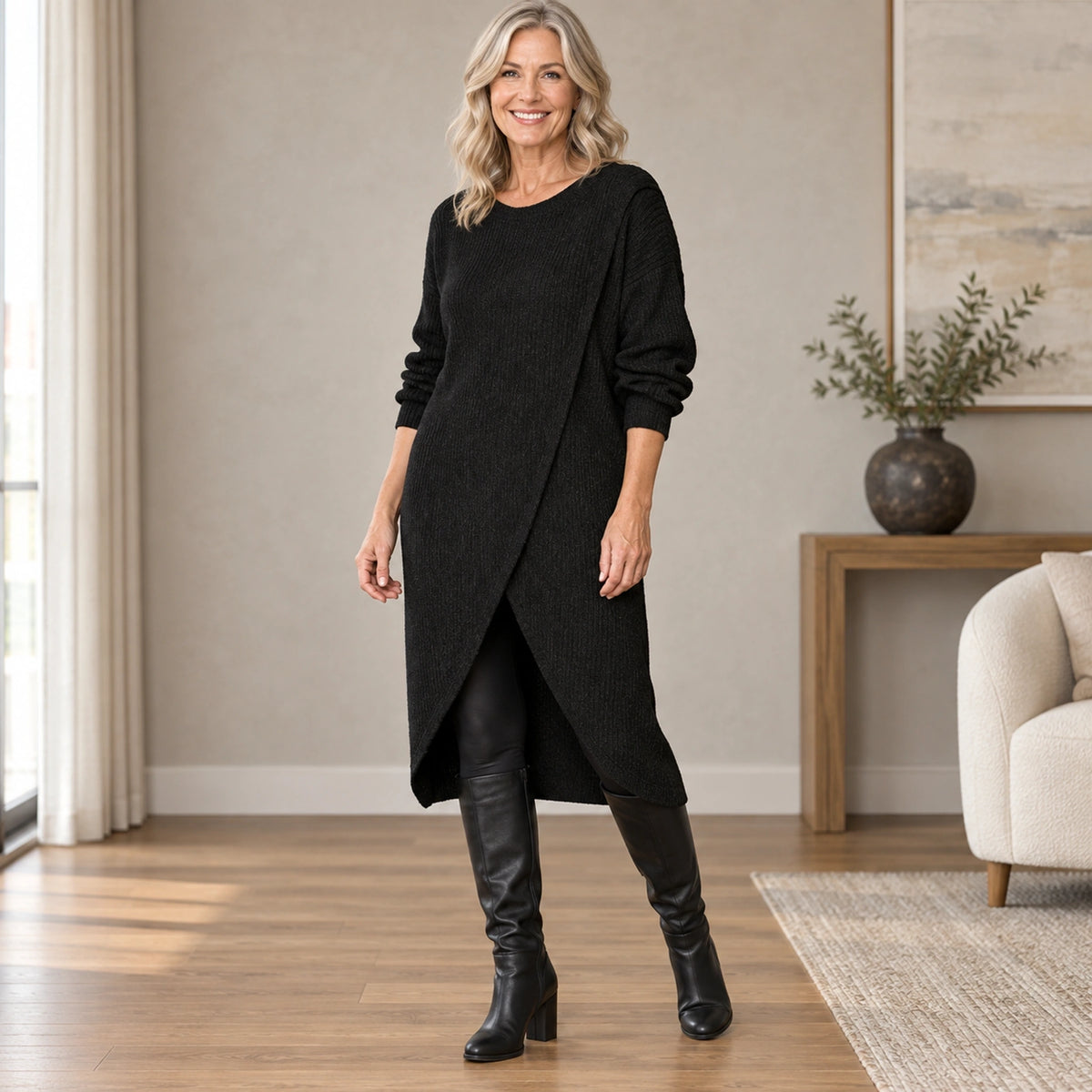 sweater dress — Usa and Canada October–December front angle; Black maribelle garment worn by a happy adult model — view 5