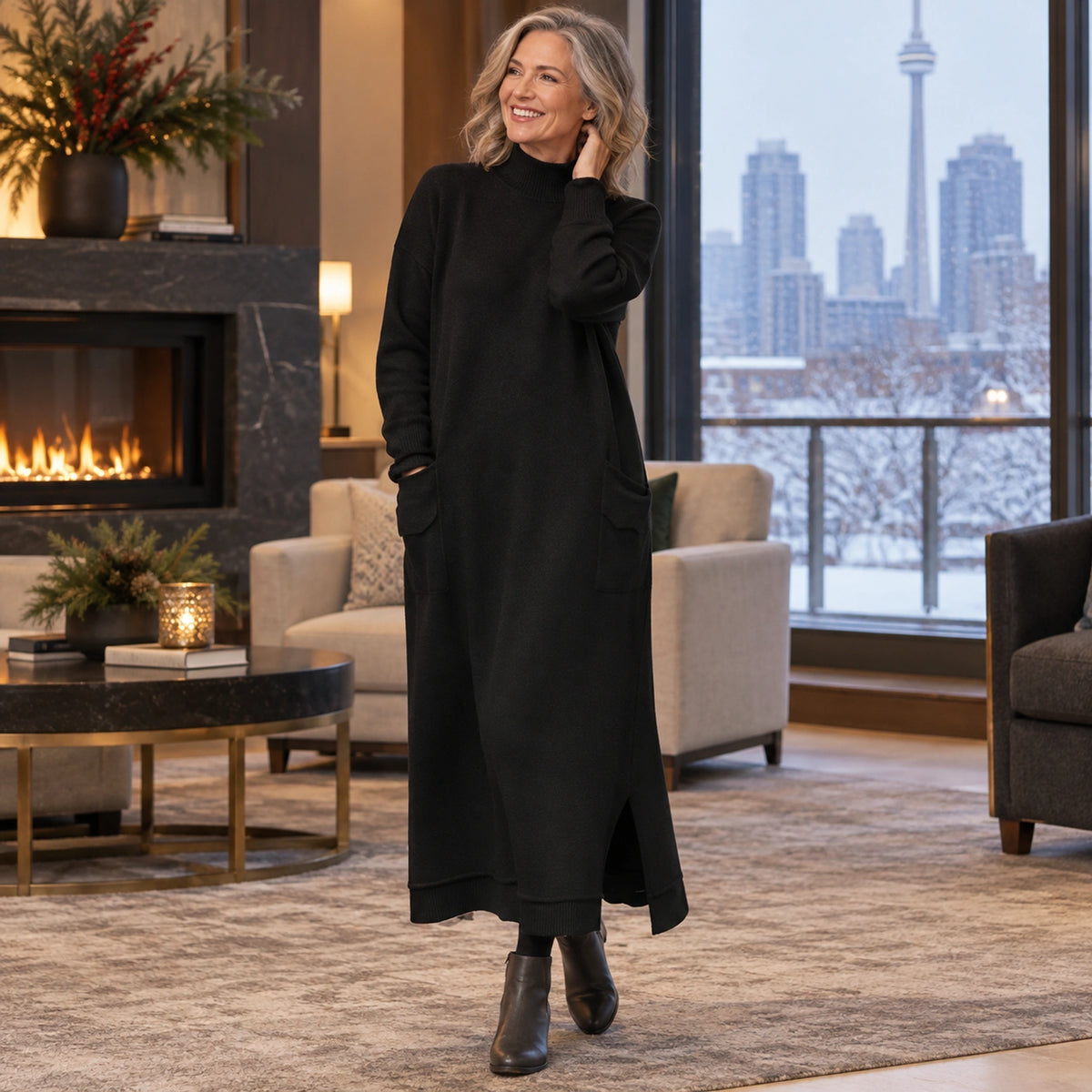 sweater dress — Usa and Canada October–December; Black noelle garment worn by a happy adult model — view 10