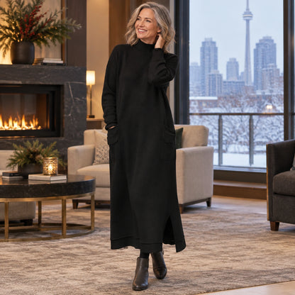 sweater dress — Usa and Canada October–December; Black noelle garment worn by a happy adult model — view 10