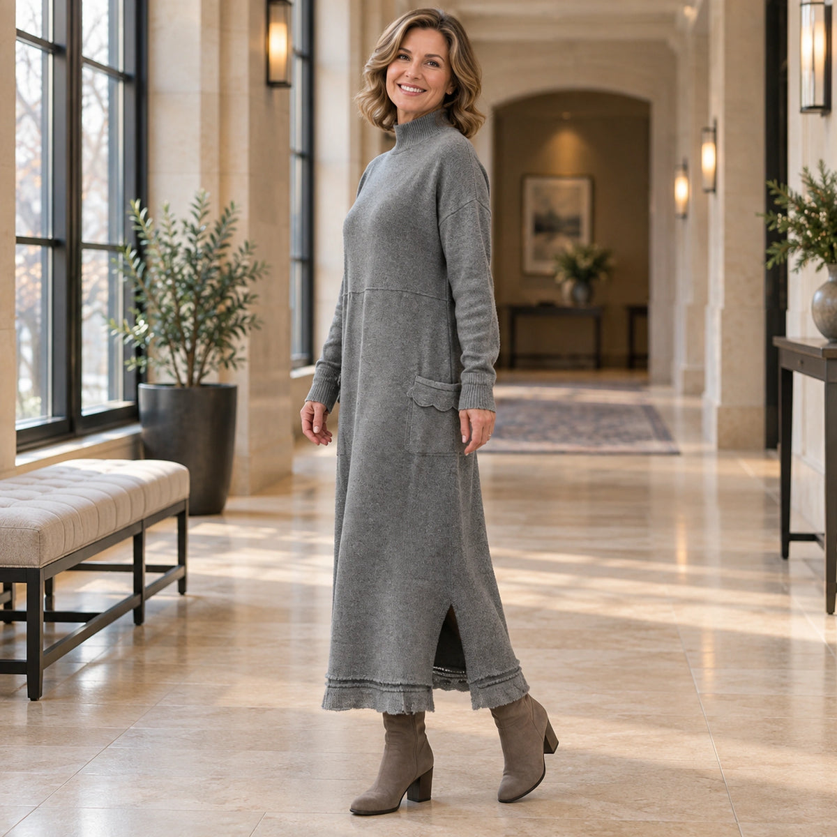 sweater dress — Usa and Canada October–December three quarter angle; Gray noelle garment worn by a happy adult — view 11