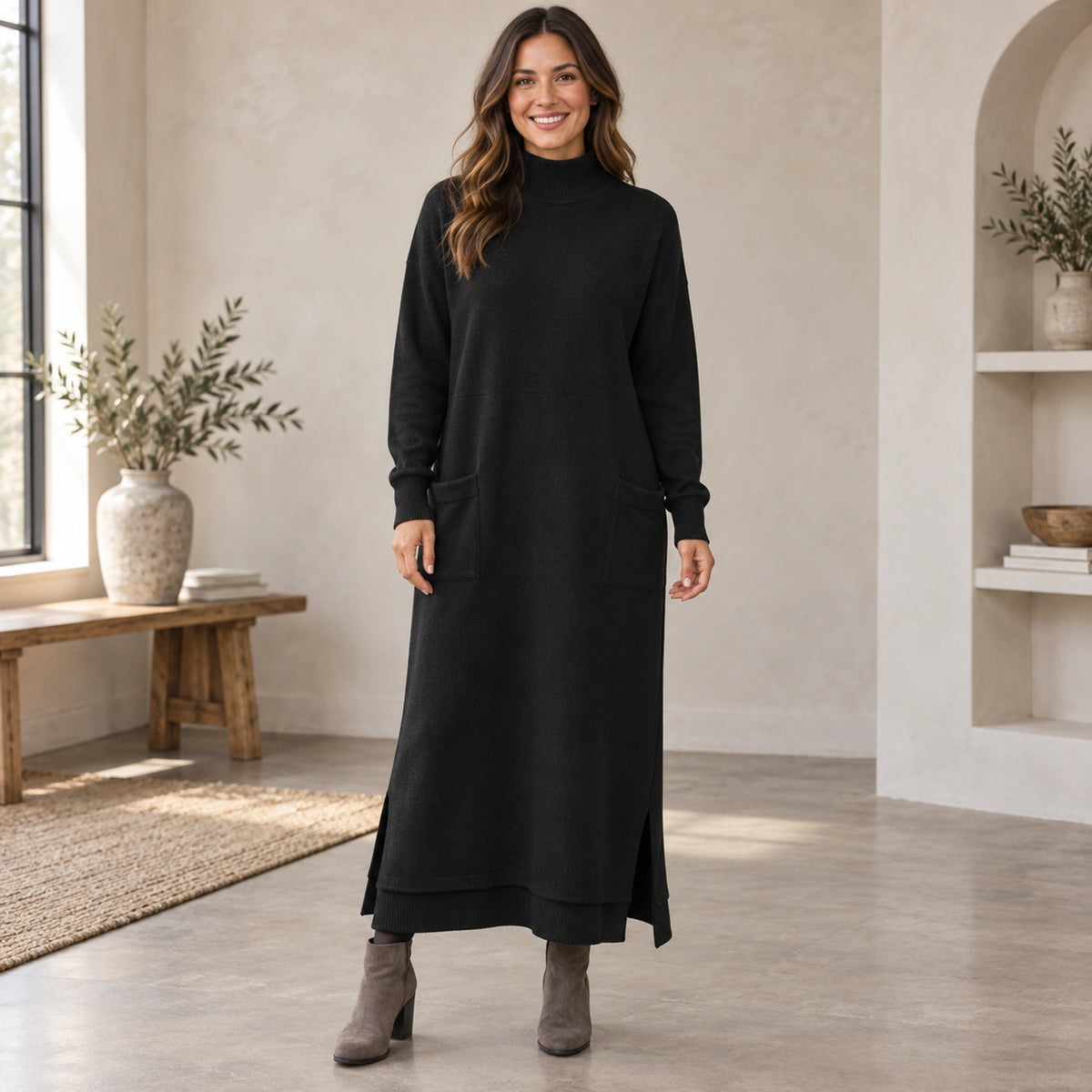 sweater dress — Complete full front view; Black noelle garment worn by a happy adult model — view 2