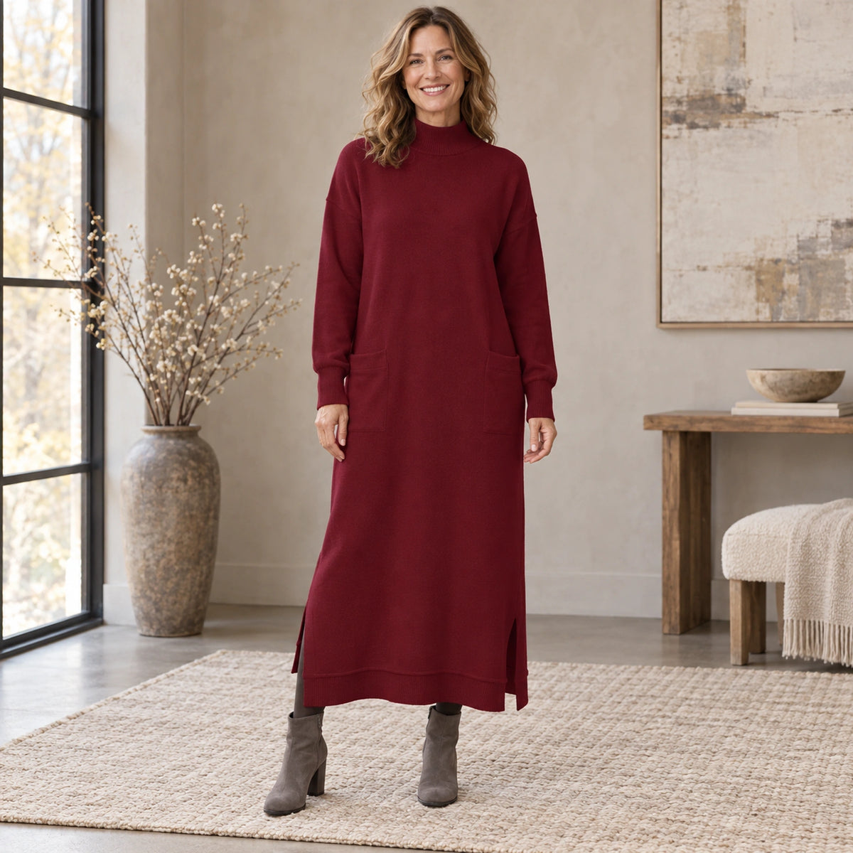 sweater dress — Complete full front view; Red noelle garment worn by a happy adult model — view 3