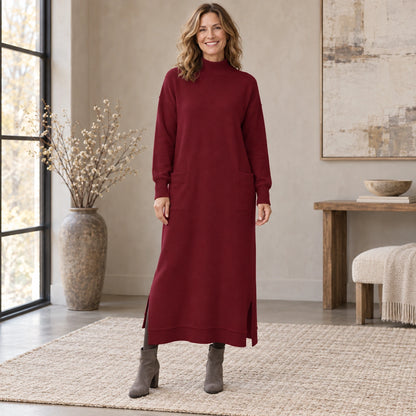 sweater dress — Complete full front view; Red noelle garment worn by a happy adult model — view 3