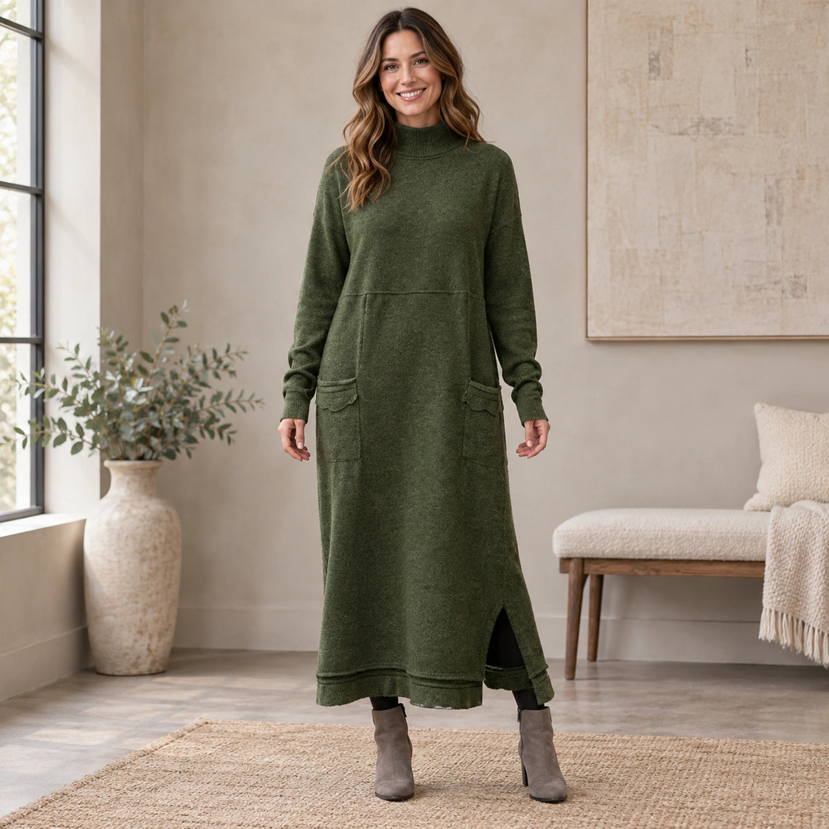 sweater dress — Complete full front view; Green noelle garment worn by a happy adult model — view 4