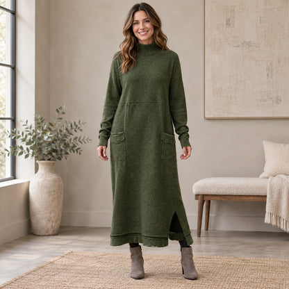 sweater dress — Complete full front view; Green noelle garment worn by a happy adult model — view 4