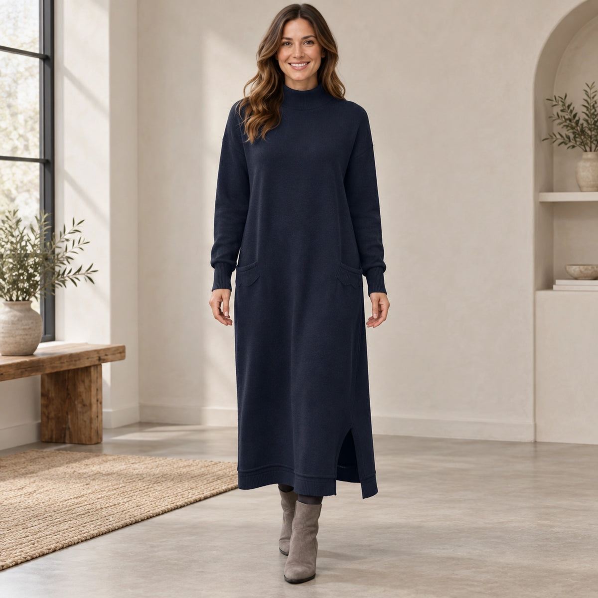sweater dress — Complete full front view; Marine Blue noelle garment worn by a happy adult model — view 6