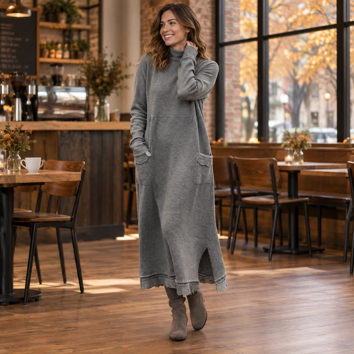 sweater dress — Usa and Canada October–December; Gray noelle garment worn by a happy adult model — view 9