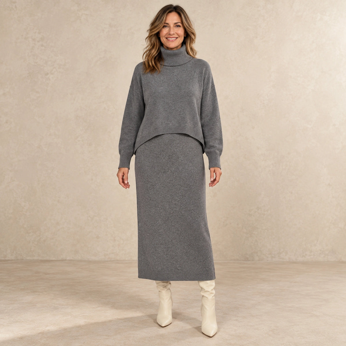 sweater dress — Image; complete full front view; Gray noemie garment worn by a happy adult model