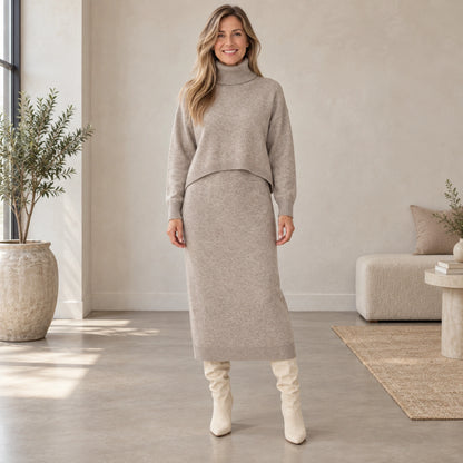 sweater dress — Complete full front view; Beige noemie garment worn by a happy adult model — view 3