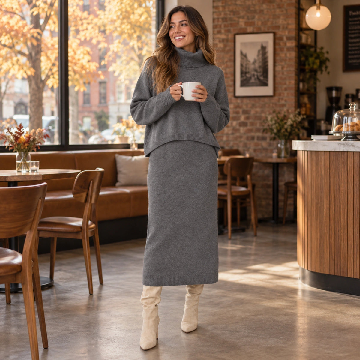 sweater dress — Usa and Canada October–December; Gray noemie garment worn by a happy adult model — view 6
