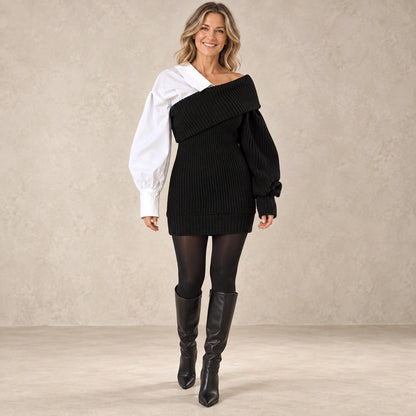 sweater dress — Image; complete full front view; Black selina garment worn by a happy adult model