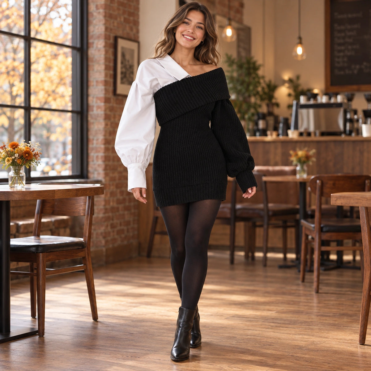 sweater dress — Usa and Canada October–December; Black selina garment worn by a happy adult model — view 6