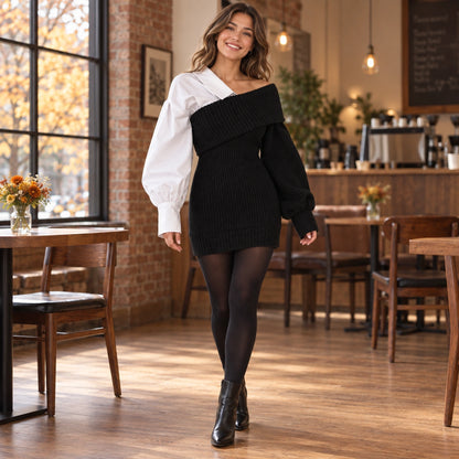 sweater dress — Usa and Canada October–December; Black selina garment worn by a happy adult model — view 6