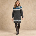 sweater dress — Image; complete full front view; Charcoal stella garment worn by a happy adult model