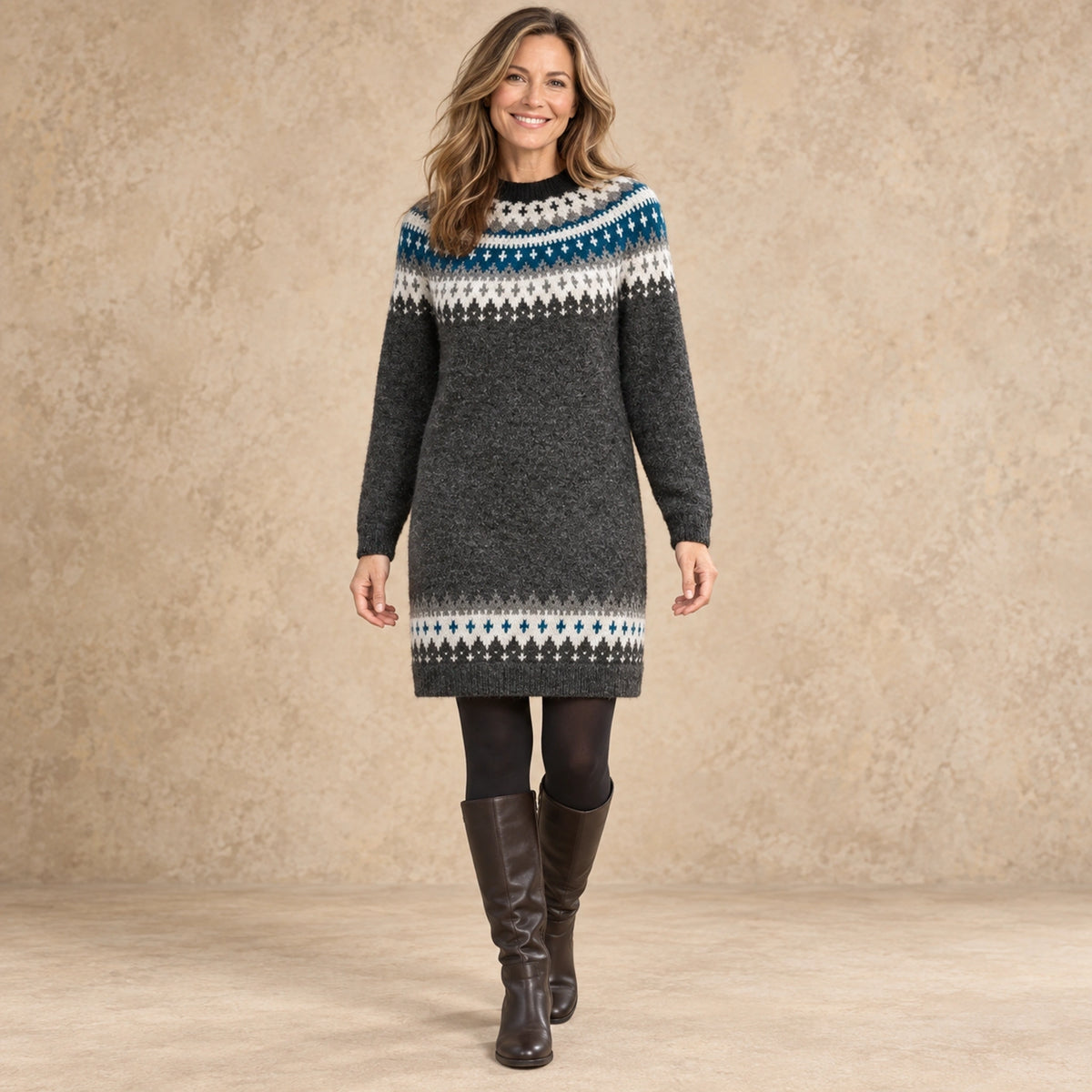 sweater dress — Image; complete full front view; Charcoal stella garment worn by a happy adult model