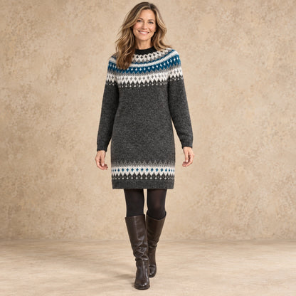 sweater dress — Image; complete full front view; Charcoal stella garment worn by a happy adult model