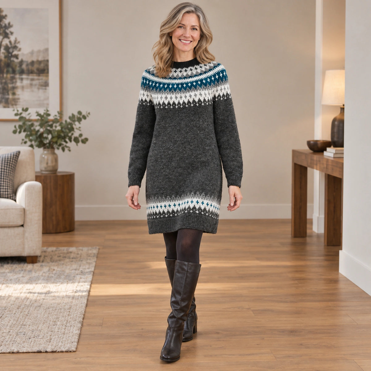sweater dress — Usa and Canada October–December front angle; Charcoal stella garment worn by a happy adult model — view 5