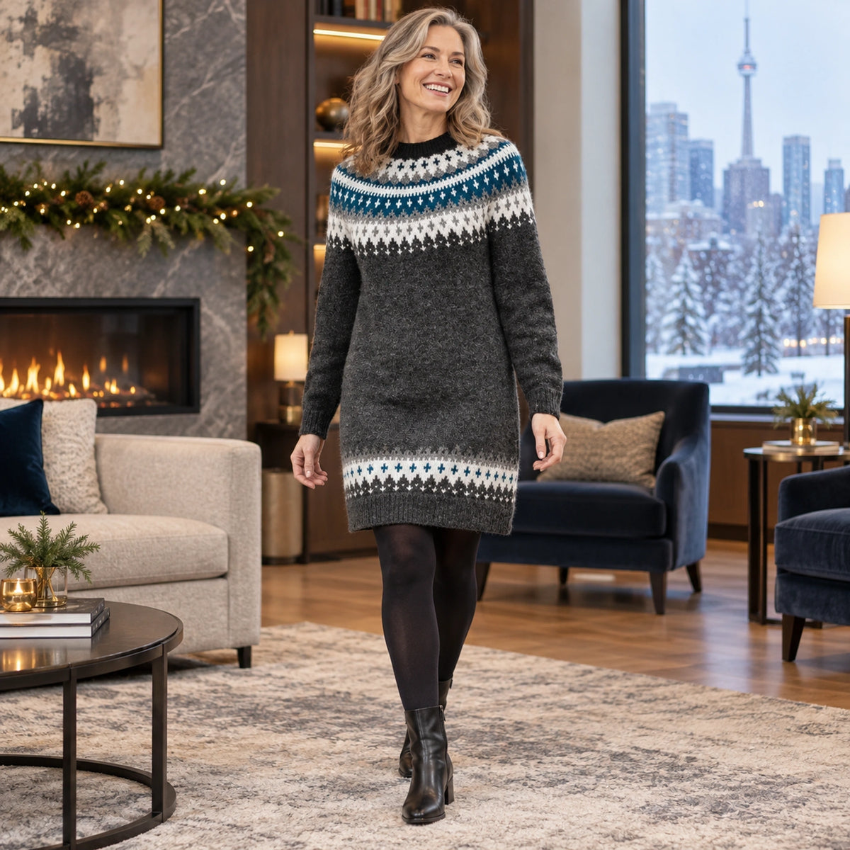 sweater dress — Usa and Canada October–December; Charcoal stella garment worn by a happy adult model — view 7