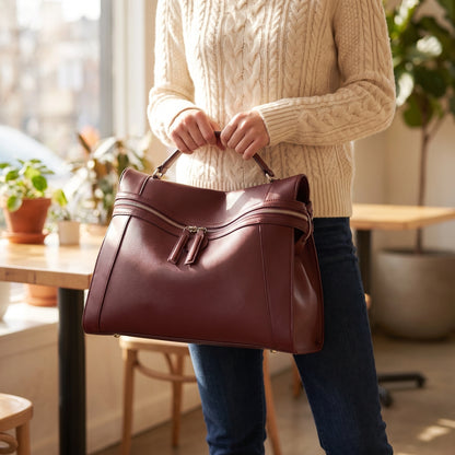 Back view of a structured tote bag showing its design, sturdy construction, and spacious interior against minimalist — view 2