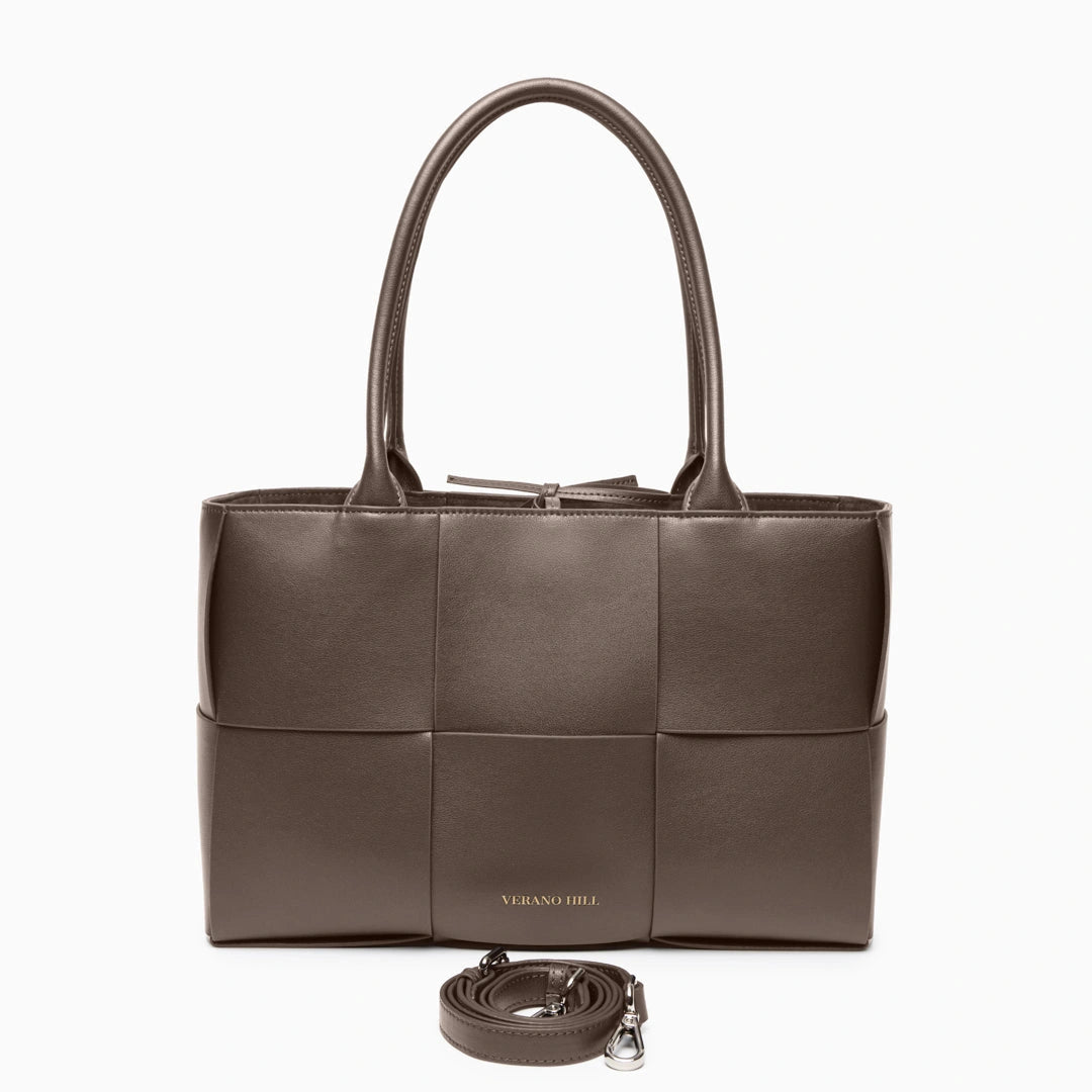 Woven tote bag featuring a chic design with textured finish, showcasing neutral color and sturdy handles — view 17 — view 17