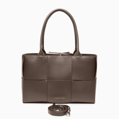 Woven tote bag featuring a chic design with textured finish, showcasing neutral color and sturdy handles — view 17 — view 17