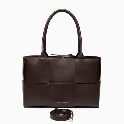 Woven tote bag featuring a chic design with textured finish, showcasing neutral color palette and sturdy handles — view 6