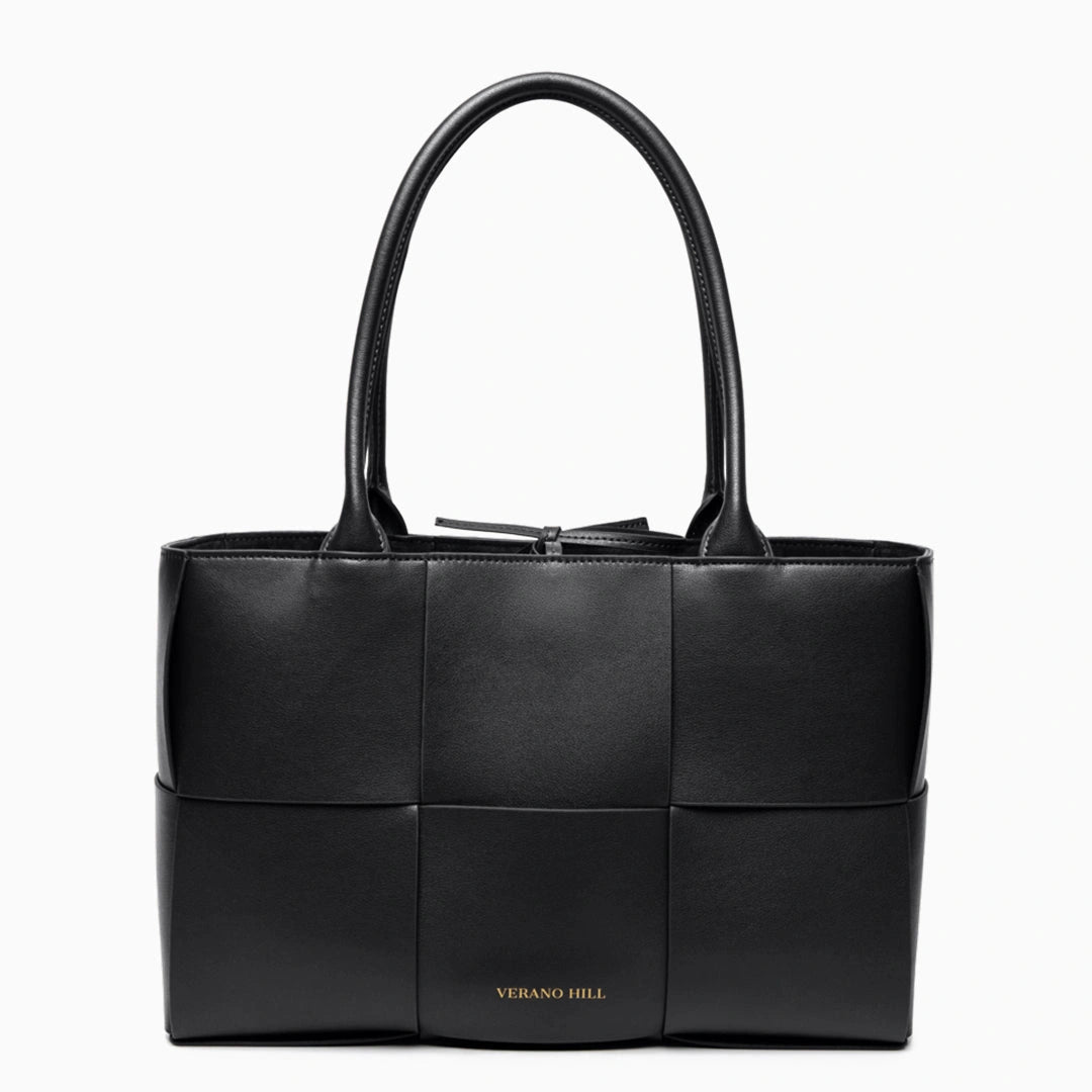 Woven tote bag featuring a stylish design, showcasing natural color palette with sturdy handles, side view — 7 — view 7
