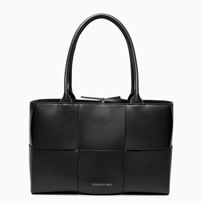 Woven tote bag featuring a stylish design, showcasing natural color palette with sturdy handles, side view — 7 — view 7