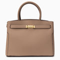 Medium tote bag in a soft fabric featuring spacious interior and sturdy handles, shown neutral color