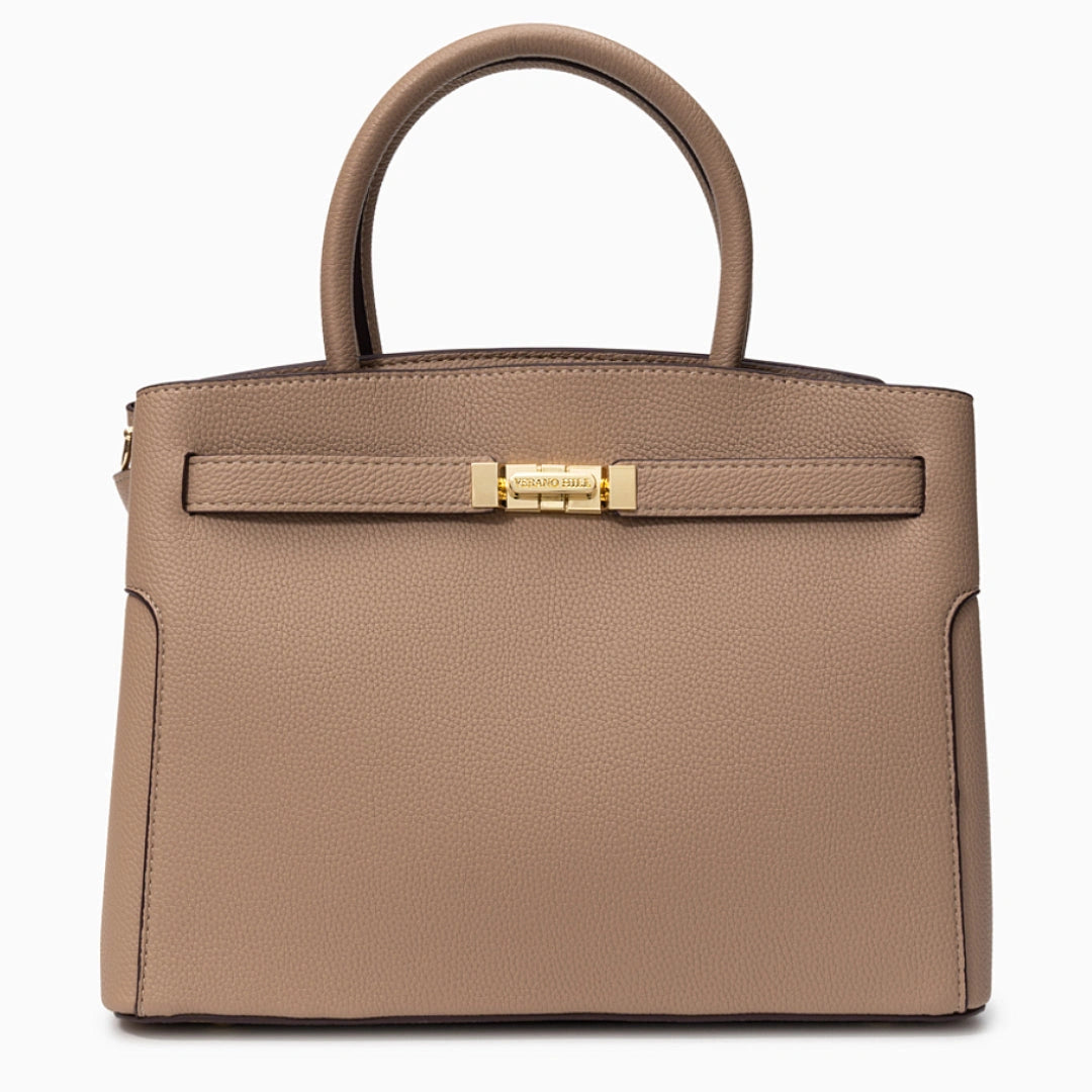 Medium tote bag in a soft fabric featuring spacious interior and sturdy handles, shown neutral color