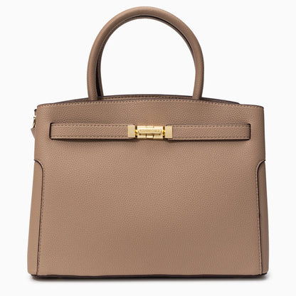 Medium tote bag in a soft fabric featuring spacious interior and sturdy handles, shown neutral color