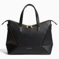 Modern elegant tote bag in soft beige fabric, featuring sturdy handles and a spacious interior, front view