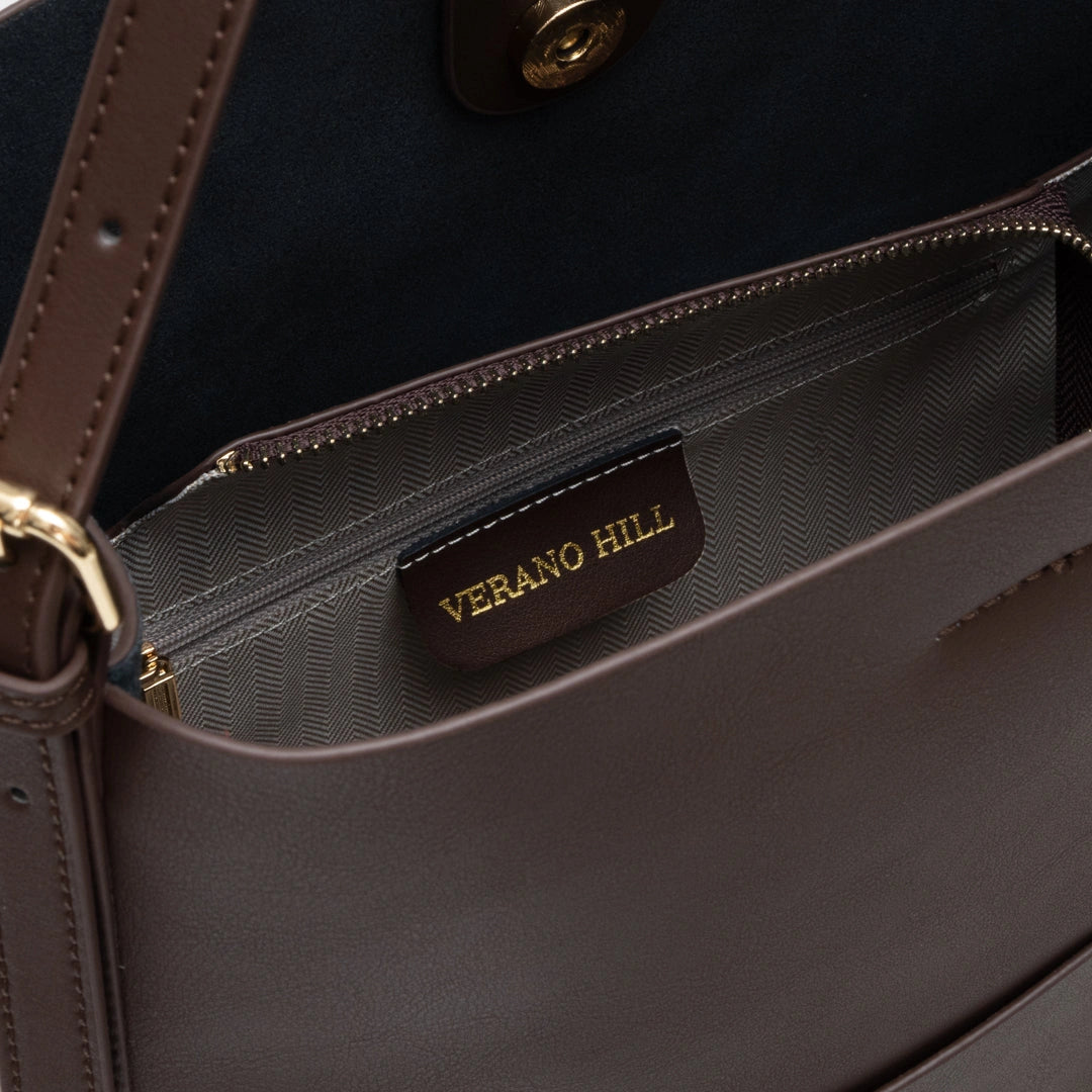 Luxurious leather tote bag in a rich tan color, featuring sturdy handles and spacious interior, front view — 20 — view 20