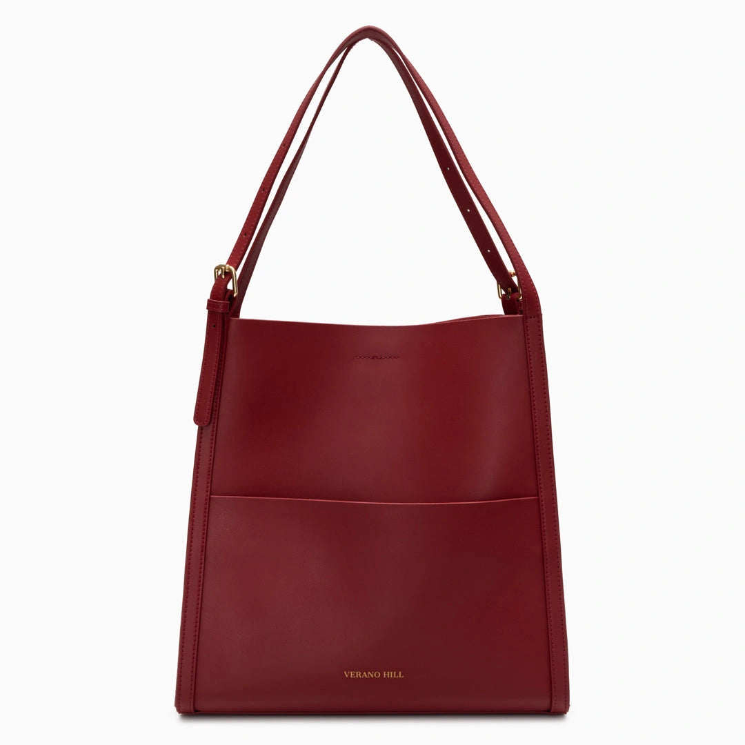Luxurious leather tote bag in deep burgundy with sturdy handles and a spacious interior, front view — 25 — view 25