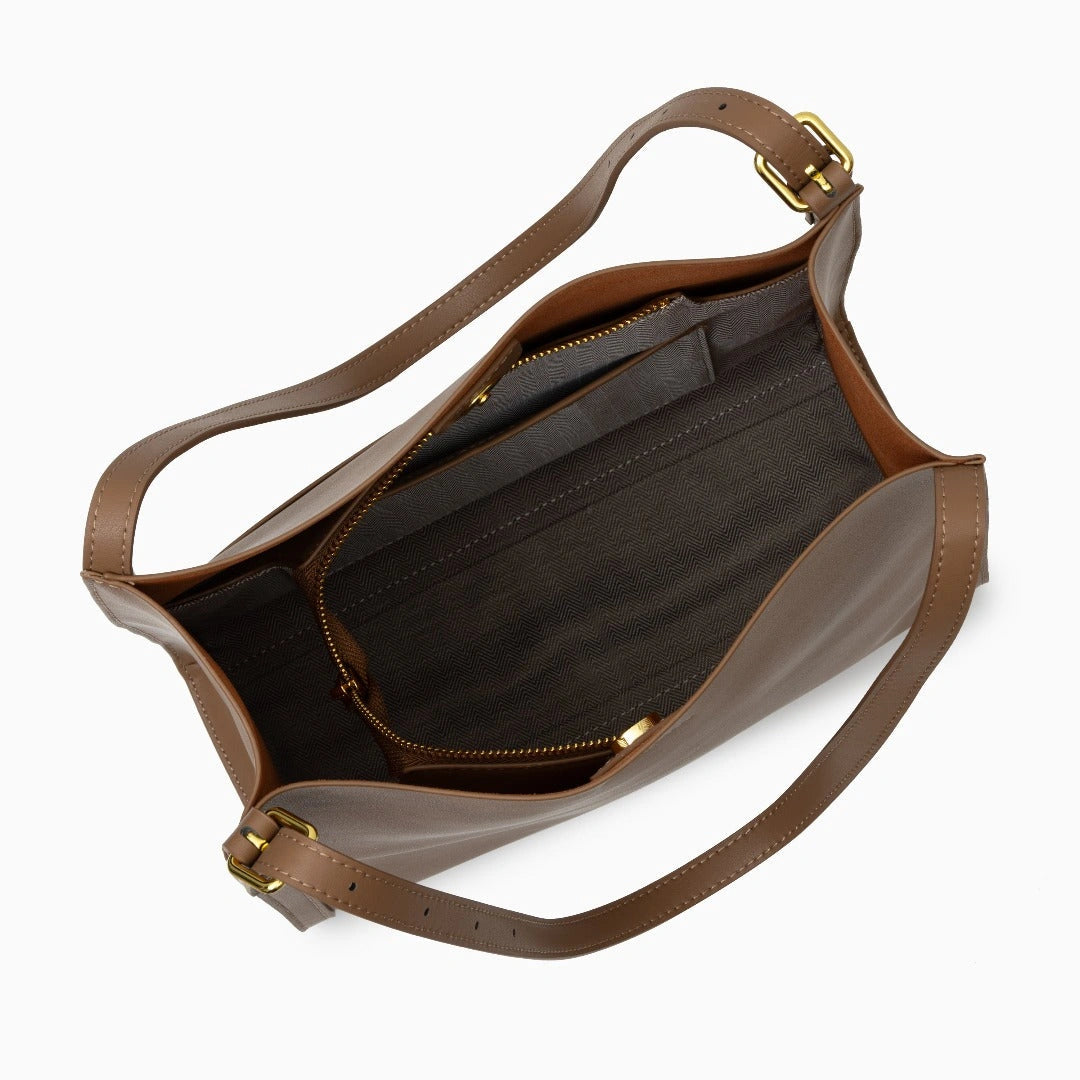 Luxurious leather tote bag in a rich brown color, featuring sturdy handles and spacious interior, top view — 7 — view 7